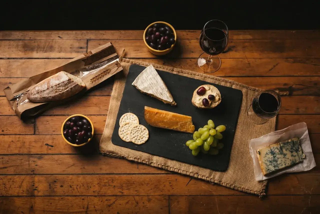 Ein rustikales K&auml;sebrett mit Brot, Trauben, Crackern und zwei Gl&auml;sern Rotwein, die an Portwein erinnern.