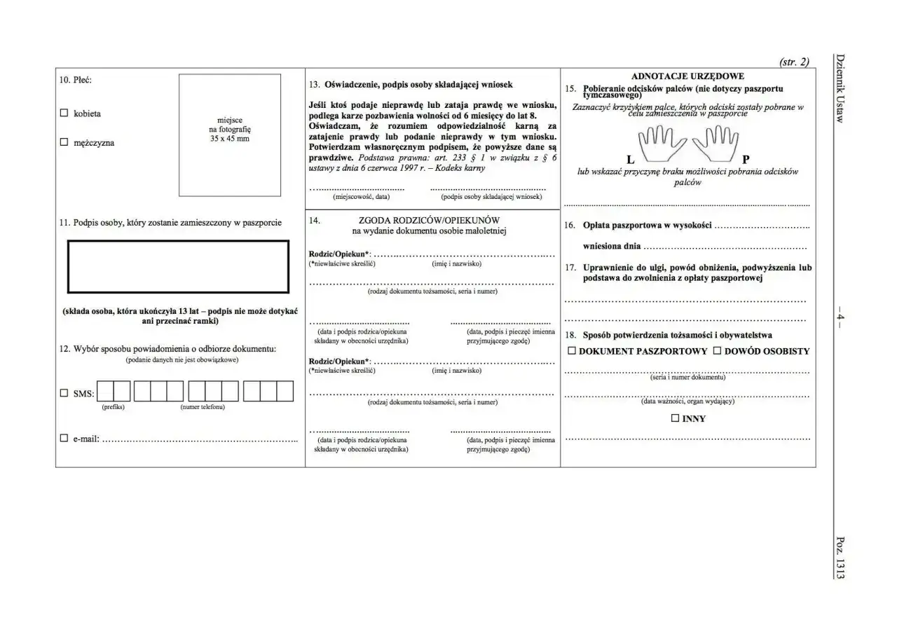 Formularz wniosku o wydanie paszportu tymczasowego. Sekcja 11 zawiera pole na podpis osoby, która zostanie zamieszczona w paszporcie.