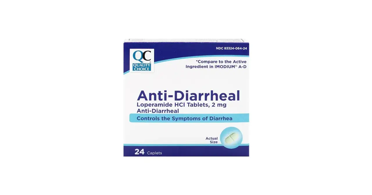 Opakowanie tabletek na biegunkę Anti-Diarrheal z loperamidem HCl, 24 sztuki. Pomaga kontrolować objawy biegunki.