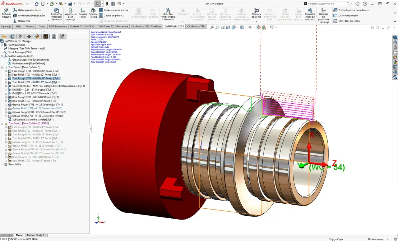 Program CAM w SOLIDWORKS pokazuje obróbkę gwintu. Widoczne są ścieżki narzędzia i operacje toczenia.