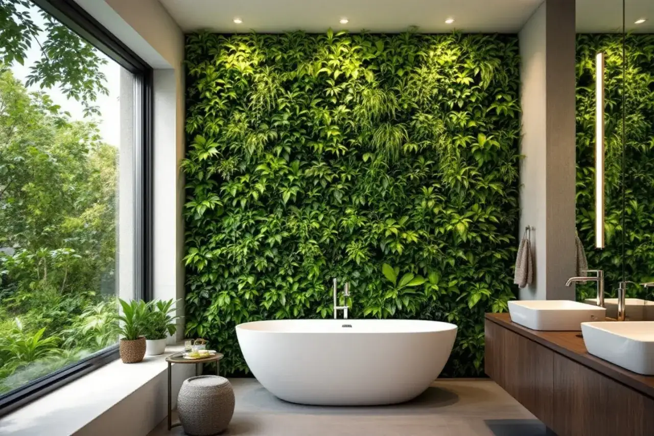 Une salle de bain avec une **d&eacute;co salle de bain nature** luxuriante. Un mur v&eacute;g&eacute;tal habille le fond, une baignoire &icirc;lot blanche tr&ocirc;ne au centre, et une grande fen&ecirc;tre offre une vue sur la verdure.