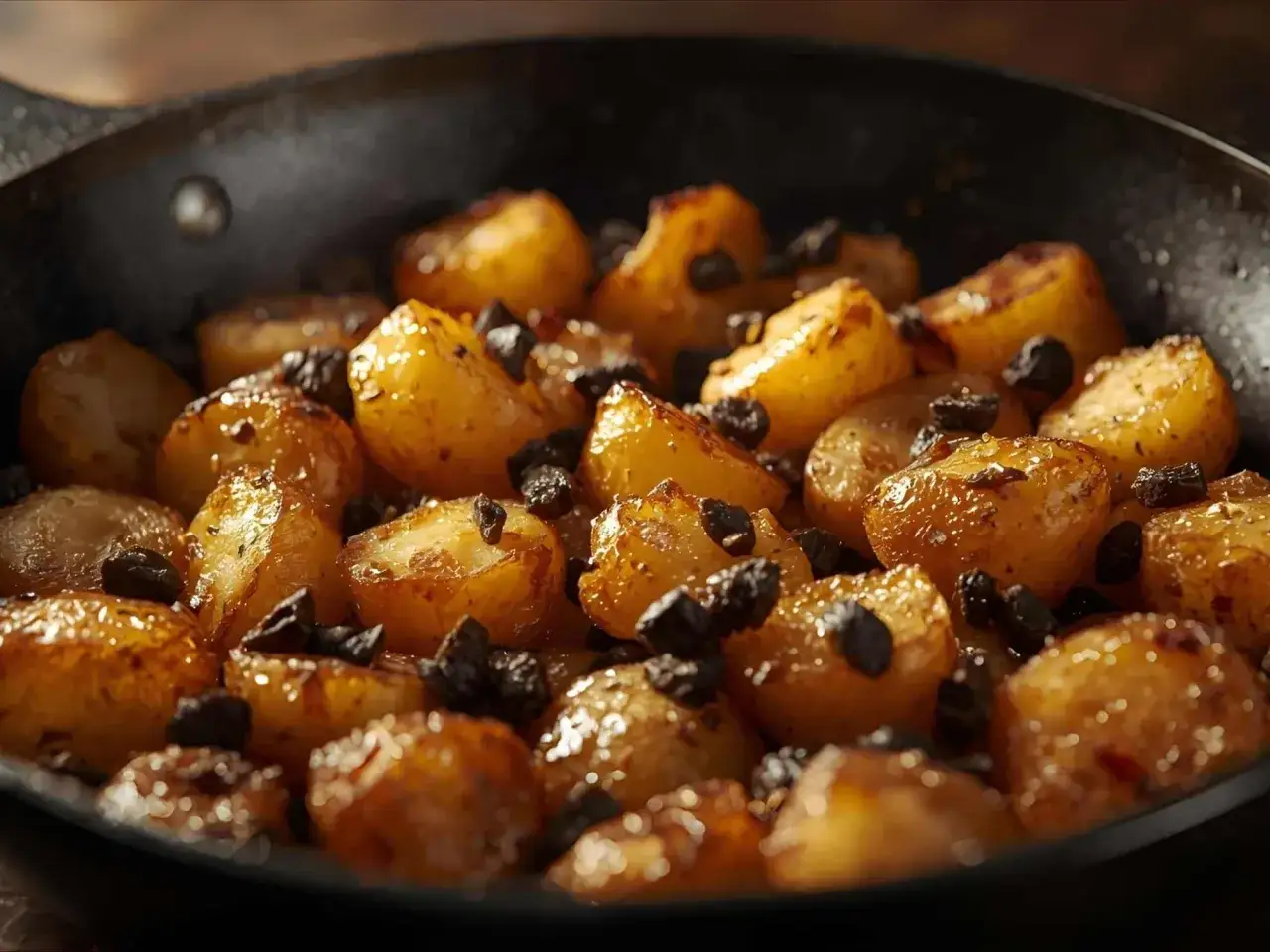 Ger&ouml;stete Kartoffeln mit Rosinen in einer Pfanne, inspiriert von schwarzen Knoblauch Rezepten.