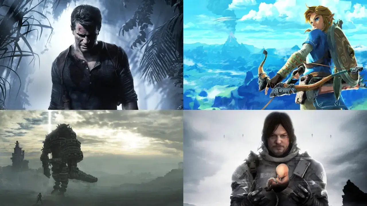 Kolekcja gier podobnych do Tomb Raider: przygody Nathana Drake'a, Link z łukiem, kolosalny przeciwnik w Shadow of the Colossus i Sam Porter Bridges z dzieckiem.