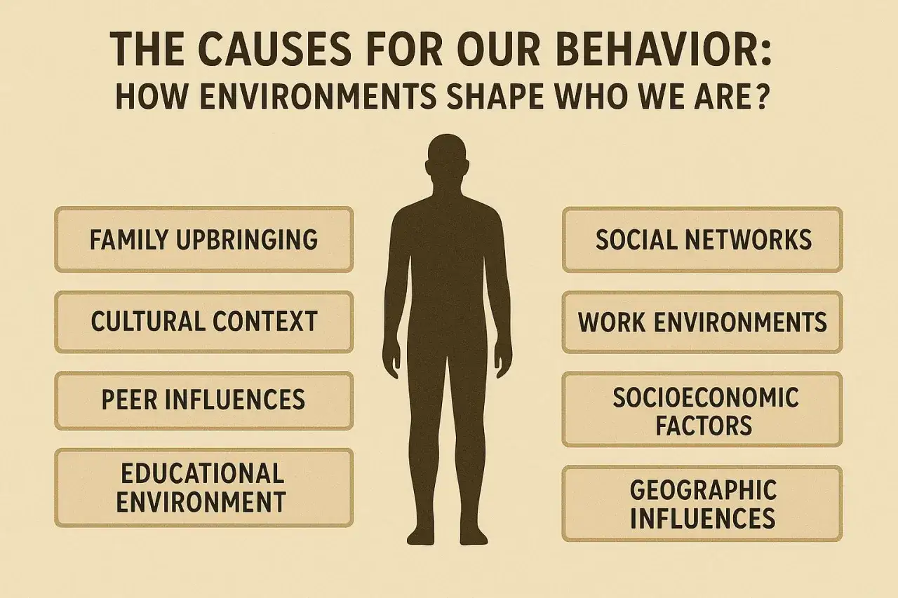 Illustration visar hur miljöer formar oss, i linje med behaviorism teori. Familj, kultur, vänner, skola, sociala nätverk, arbete, ekonomi och geografi påverkar vårt beteende.