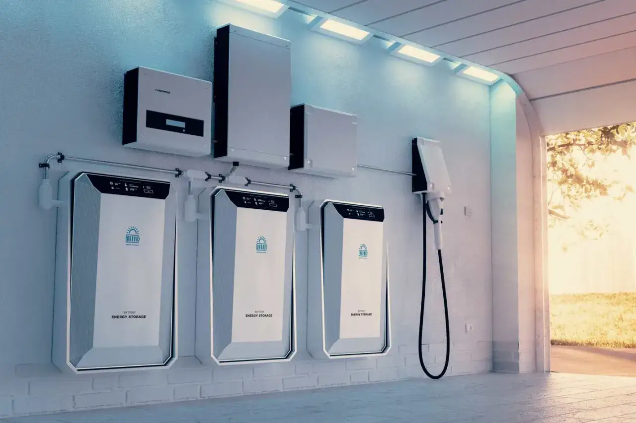 Nowoczesny magazyn energii cena. Trzy białe baterie ścienne i falownik na ścianie, obok ładowarka do pojazdów elektrycznych.