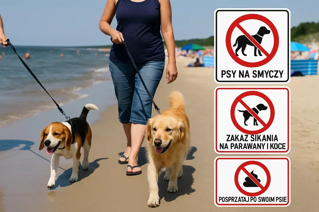 Dwa psy na smyczy spacerują po plaży. Znaki informują, że psy na plaży są dozwolone, ale na smyczy, bez sikania na parawany i z obowiązkiem sprzątania po nich.