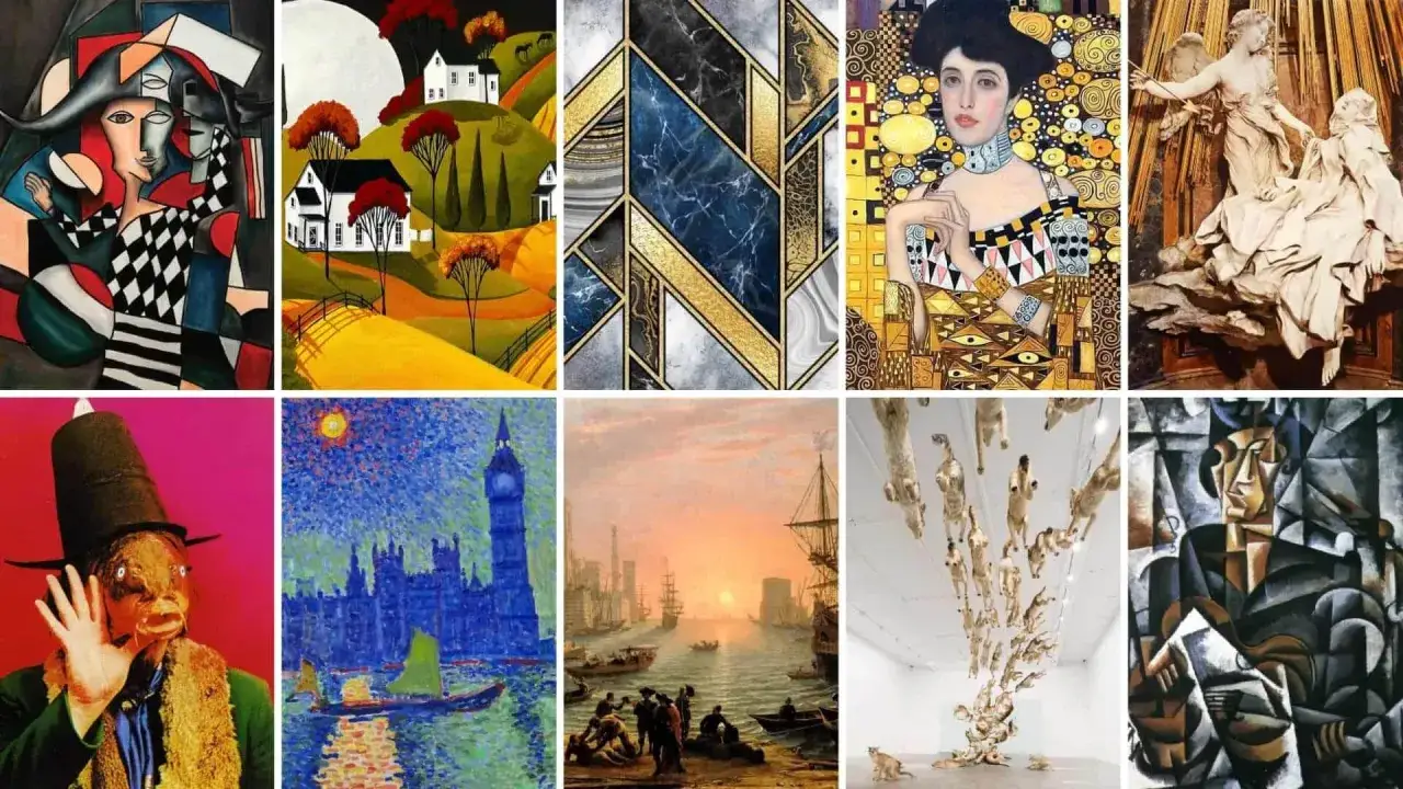 Collage zeigt verschiedene Werke der **Kunst der Moderne**: kubistische Porträts, Landschaftsmalerei, abstrakte Muster, eine Skulptur und eine Installation mit Tieren.