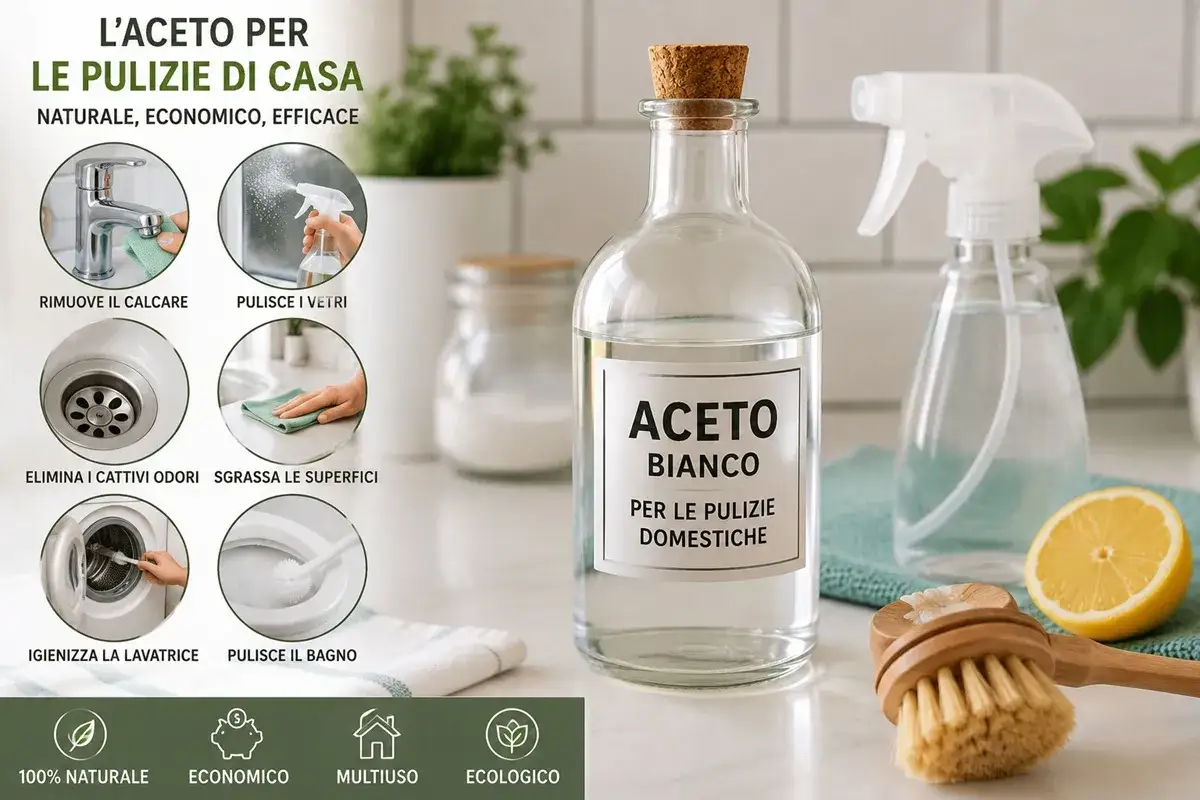 Aceto bianco per pulizie domestiche: rimuove calcare, pulisce vetri, elimina odori, sgrassa, igienizza lavatrice e bagno. Dosi acqua e aceto per pulire.