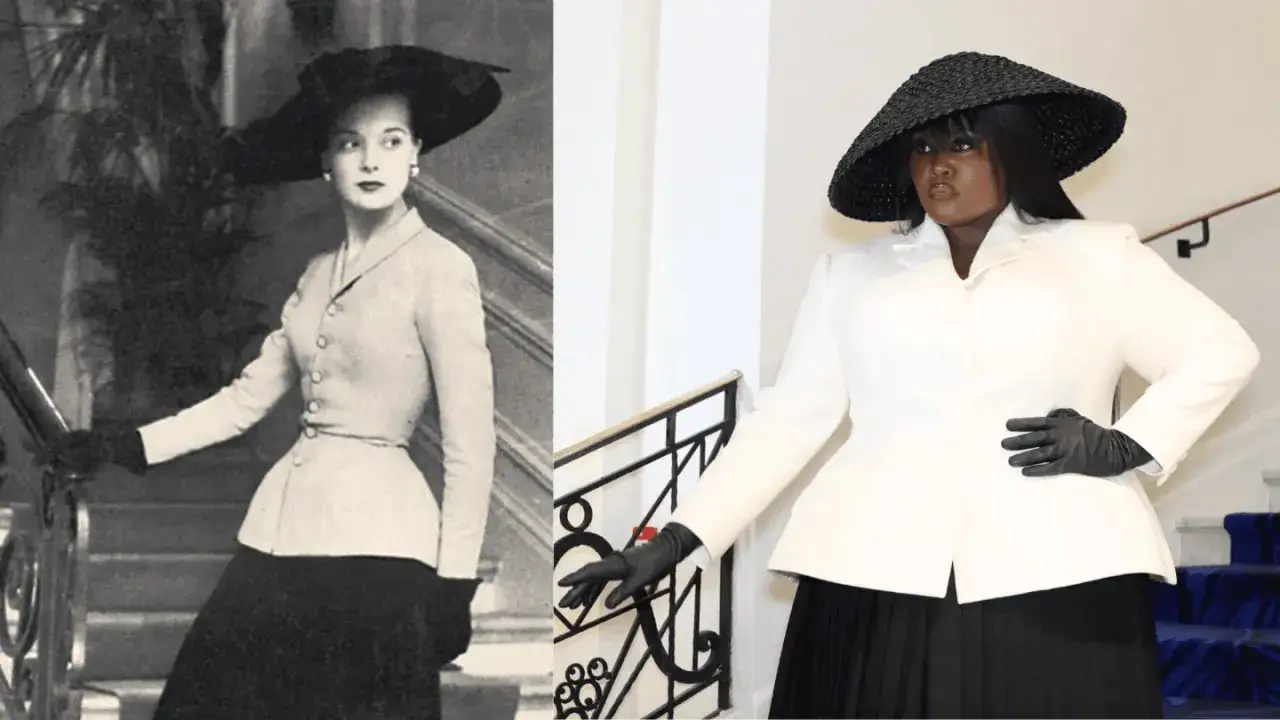 Due immagini affiancate: una modella storica con un tailleur Dior, e una modella contemporanea che reinterpreta lo stile, celebrando le origini Dior.