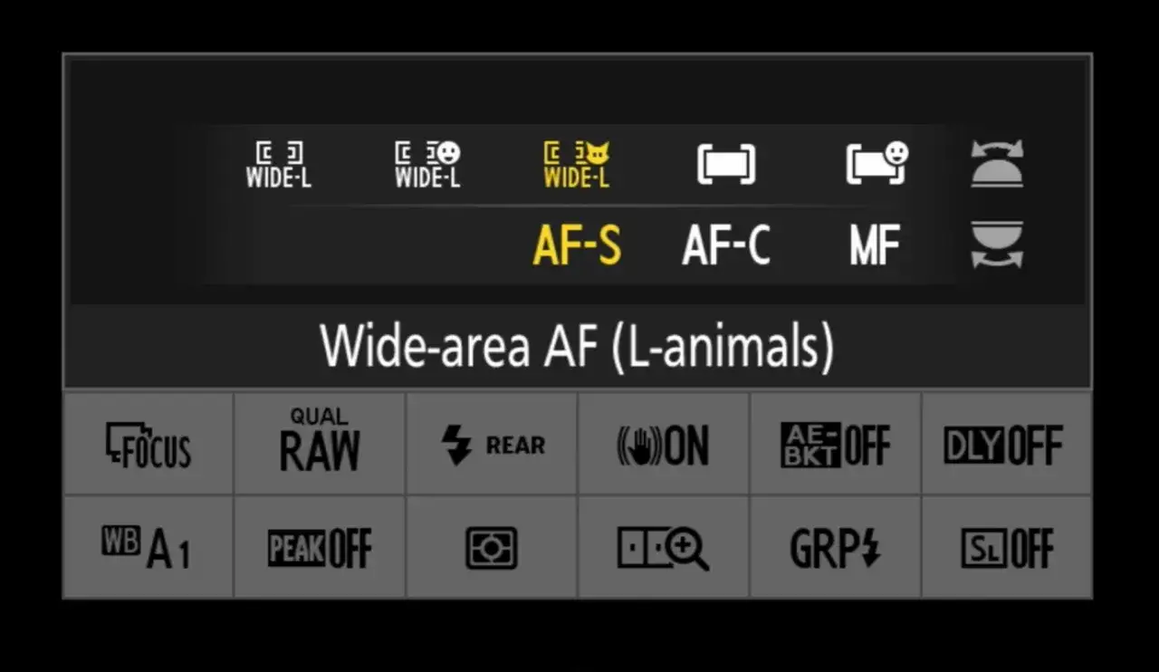 Menu aparatu z opcjami autofokusa: AF-S, AF-C, MF. Wybrano tryb Wide-area AF (L-animals).