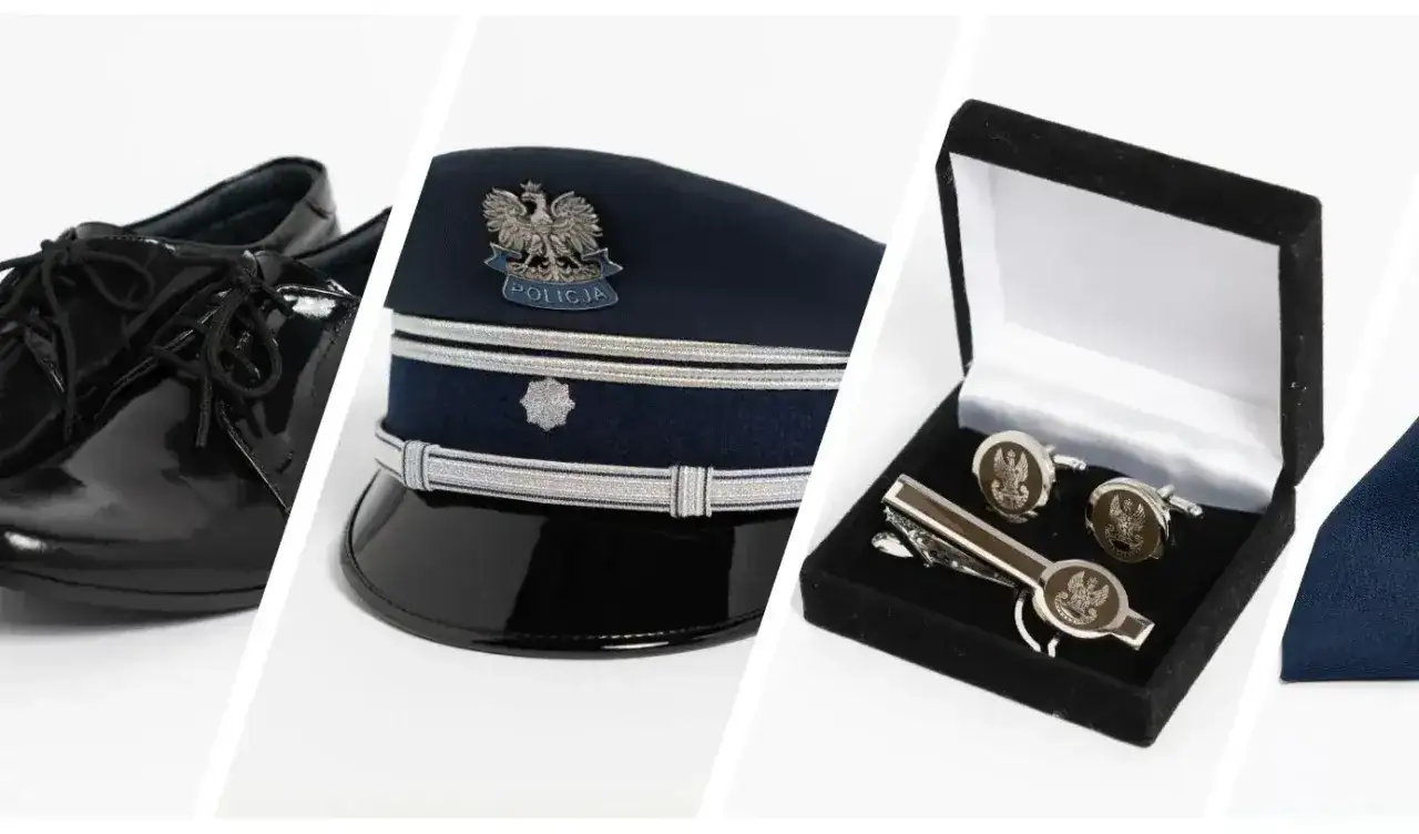Eleganckie buty, czapka policyjna i spinki do mankietów z orłem – kompletny galowy uposażenie.