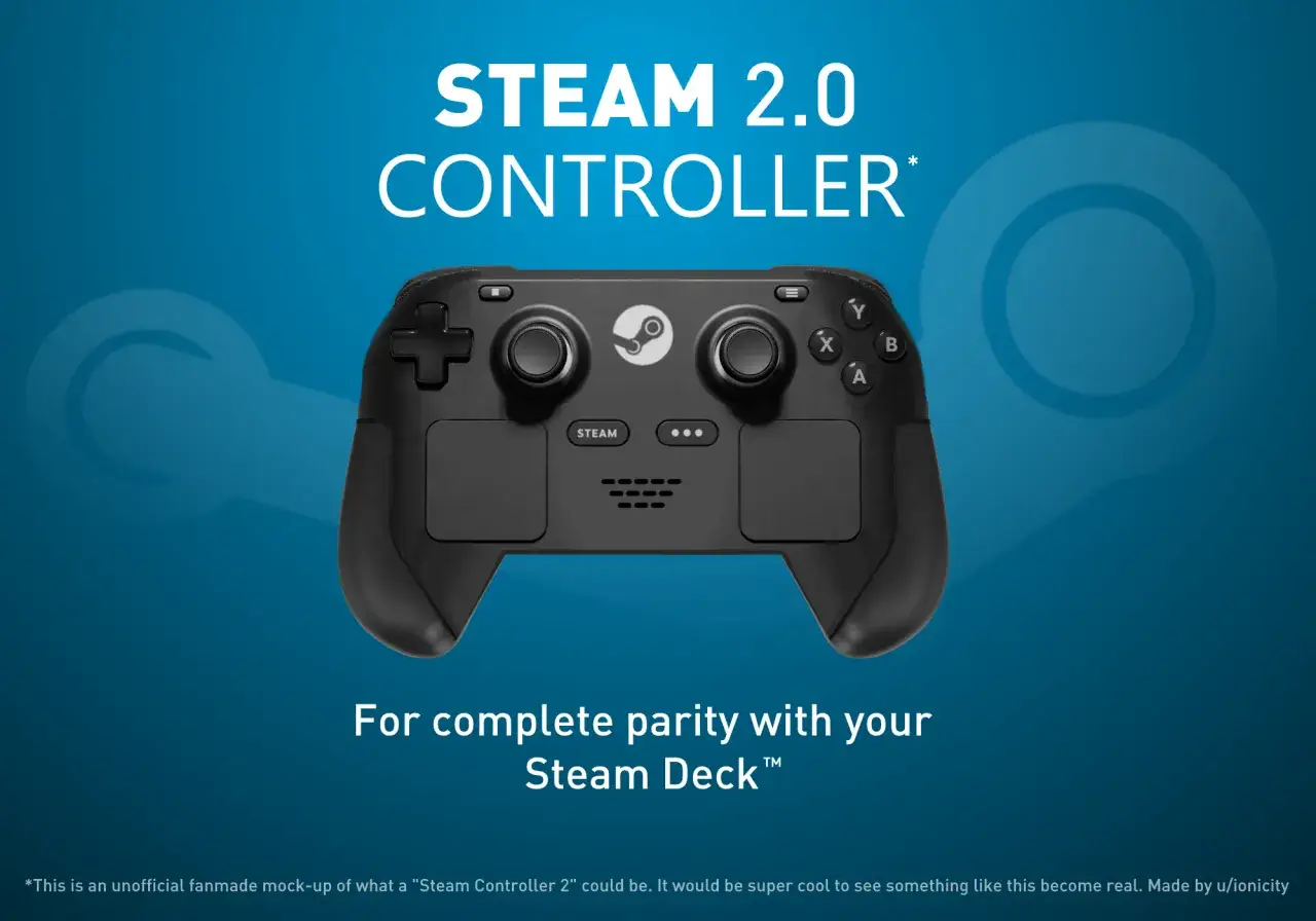 Ein schwarzer Steam Controller 2 mit zwei Touchpads und Steam-Logo.