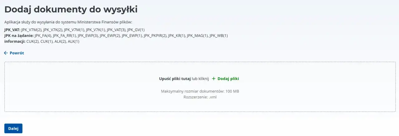 Dodawanie plików JPK_VAT i innych dokumentów do systemu Ministerstwa Finansów. Możliwość wysyłki plików .xml.