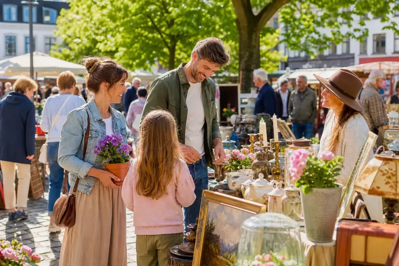 Familie auf dem **Flohmarkt Friedrichshagen** bestaunt Antiquit&auml;ten und Pflanzen.