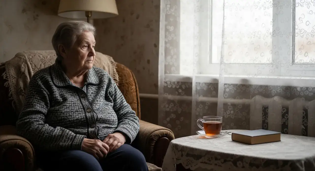 Starsza kobieta siedzi w fotelu, patrząc w okno. Na stoliku obok filiżanka herbaty i książka. Czyżby to objawy emerofobii?