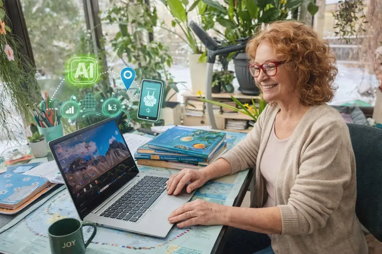 Uśmiechnięta kobieta, prawdziwy nerd, pracuje przy laptopie. Wirtualne ikony AI, lokalizacji i wykresów unoszą się nad biurkiem.