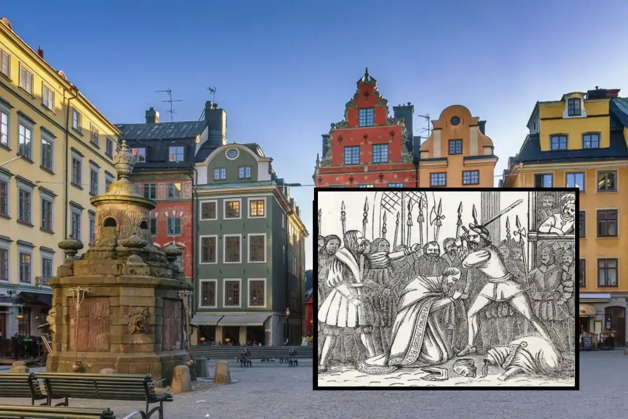 Stortorget i Stockholm, platsen f&ouml;r Stockholms blodbad. En historisk illustration visar den brutala avr&auml;ttningen.