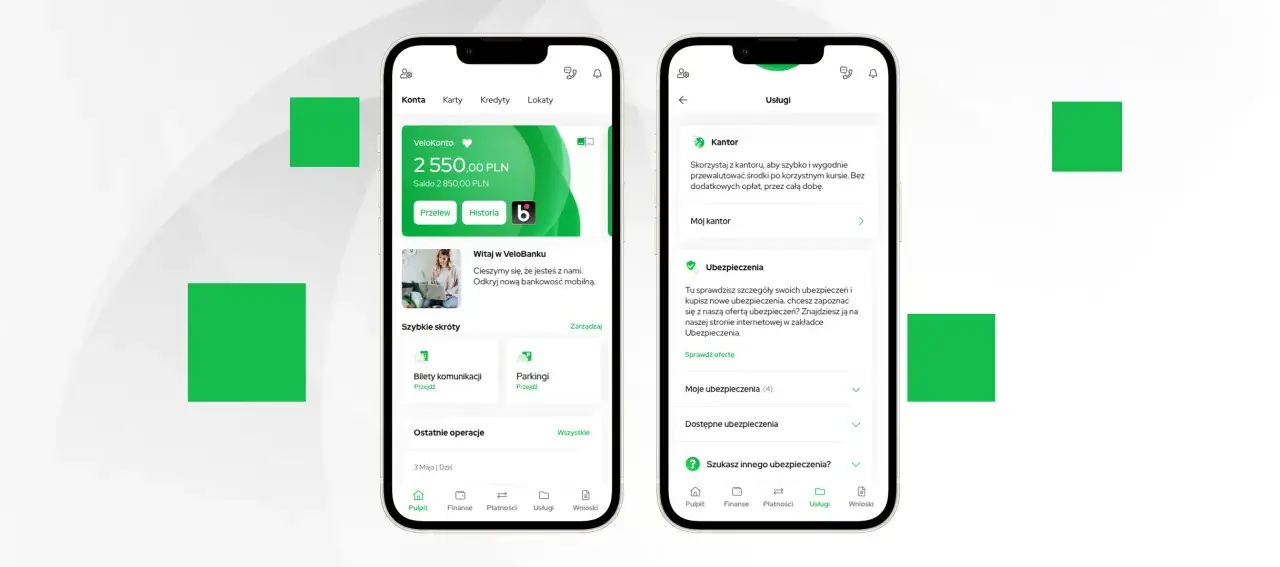 Aplikacja mobilna VeloBanku z funkcjami fintech: saldo konta, kantor, ubezpieczenia i szybkie skróty.