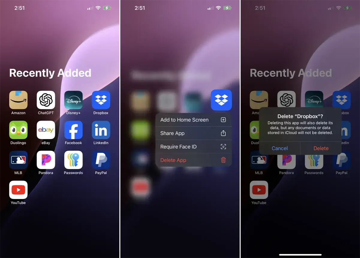 Ekran iPhone z aplikacjami: Amazon, ChatGPT, Disney+, Dropbox. Wybrano opcję