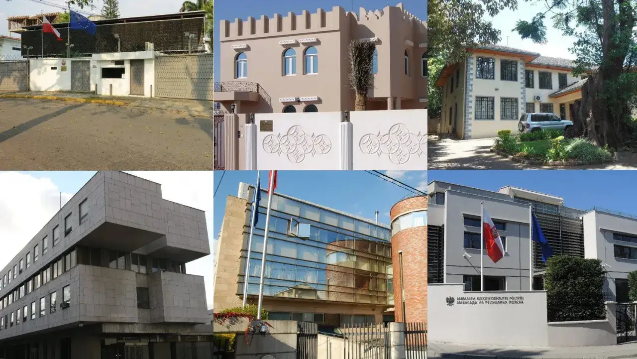 Budynki dyplomatyczne: ambasada i konsulat. R&oacute;żne style architektoniczne, od nowoczesnych po bardziej tradycyjne.