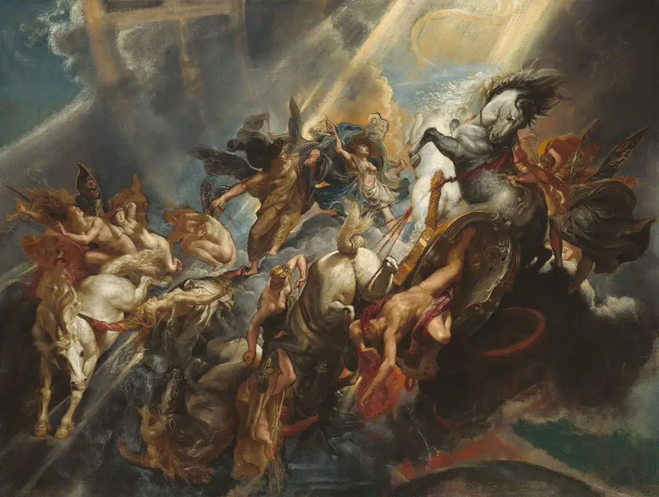 Rubens, w jednym ze swoich najsłynniejszych obrazów, ukazuje dynamiczną scenę z mitologii, pełną uskrzydlonych postaci i koni pędzących przez chmury.