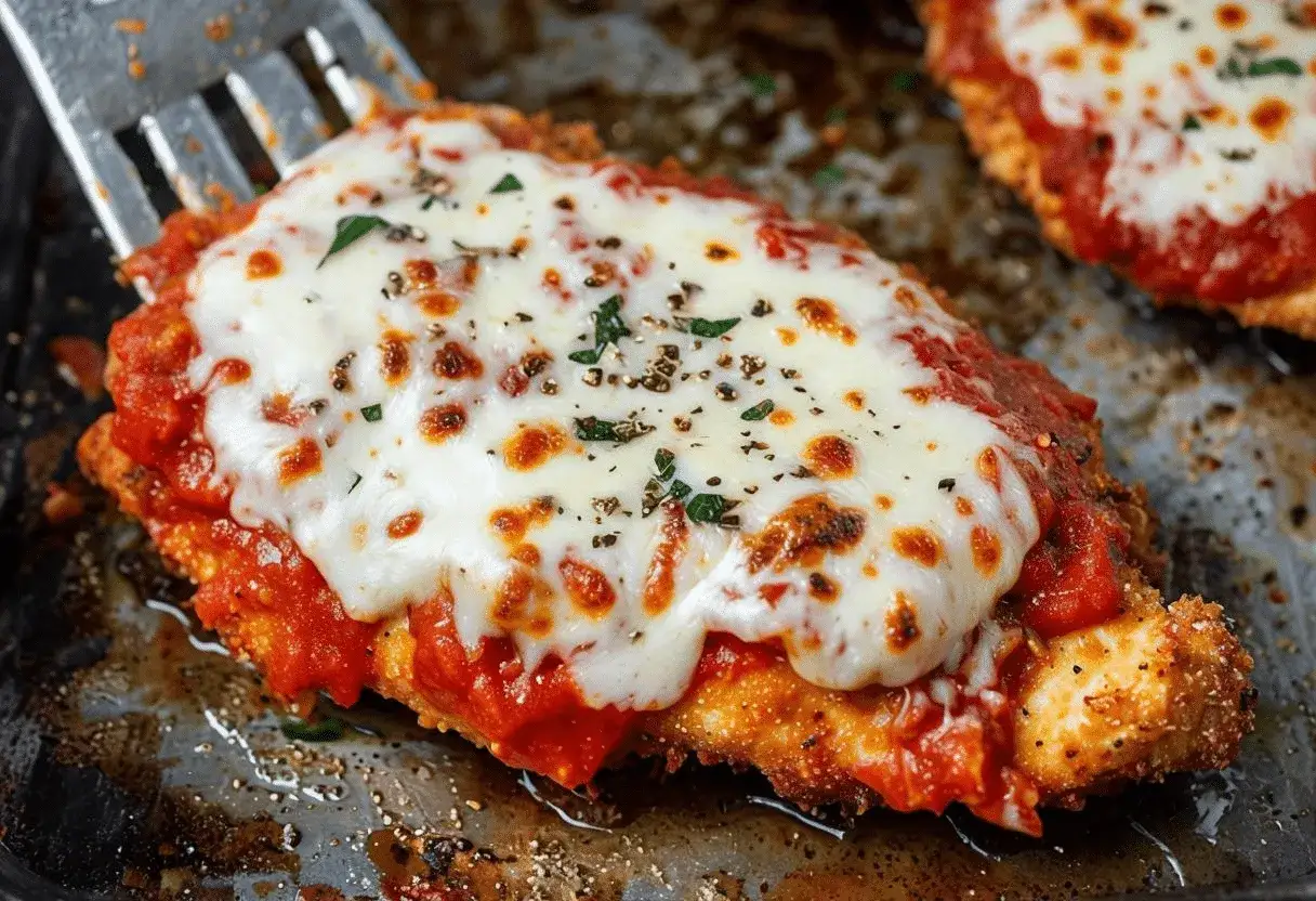 Un delicioso pollo a la parmesana, cubierto con salsa de tomate y queso mozzarella derretido y dorado, listo para ser servido.