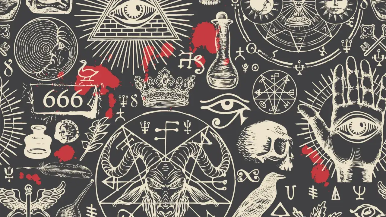 Tajemnicze symbole, w tym **666**, oko opatrzności, czaszka, róg obfitości i pentagram z kozłem, tworzą mroczny wzór.