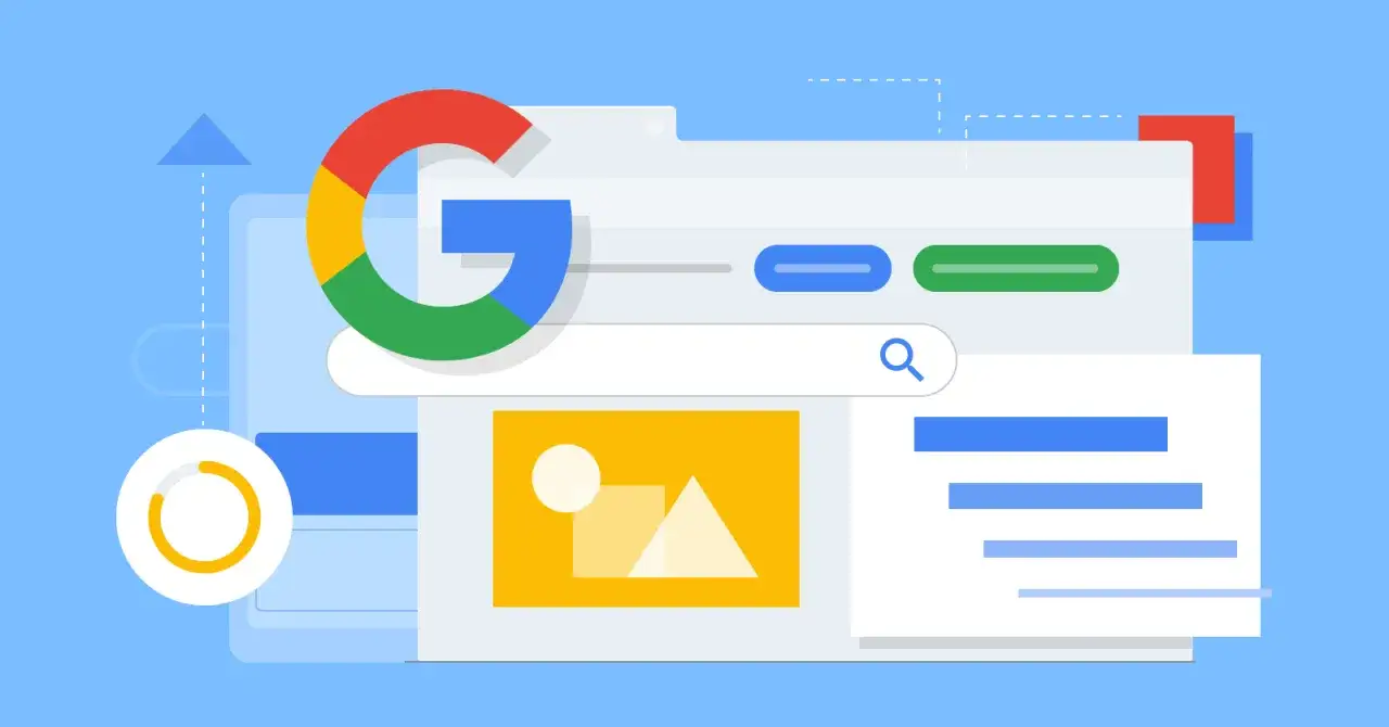 Grafika przedstawia interfejs wyszukiwarki Google z elementami graficznymi symbolizującymi analizę danych i budowanie **trust rank**.