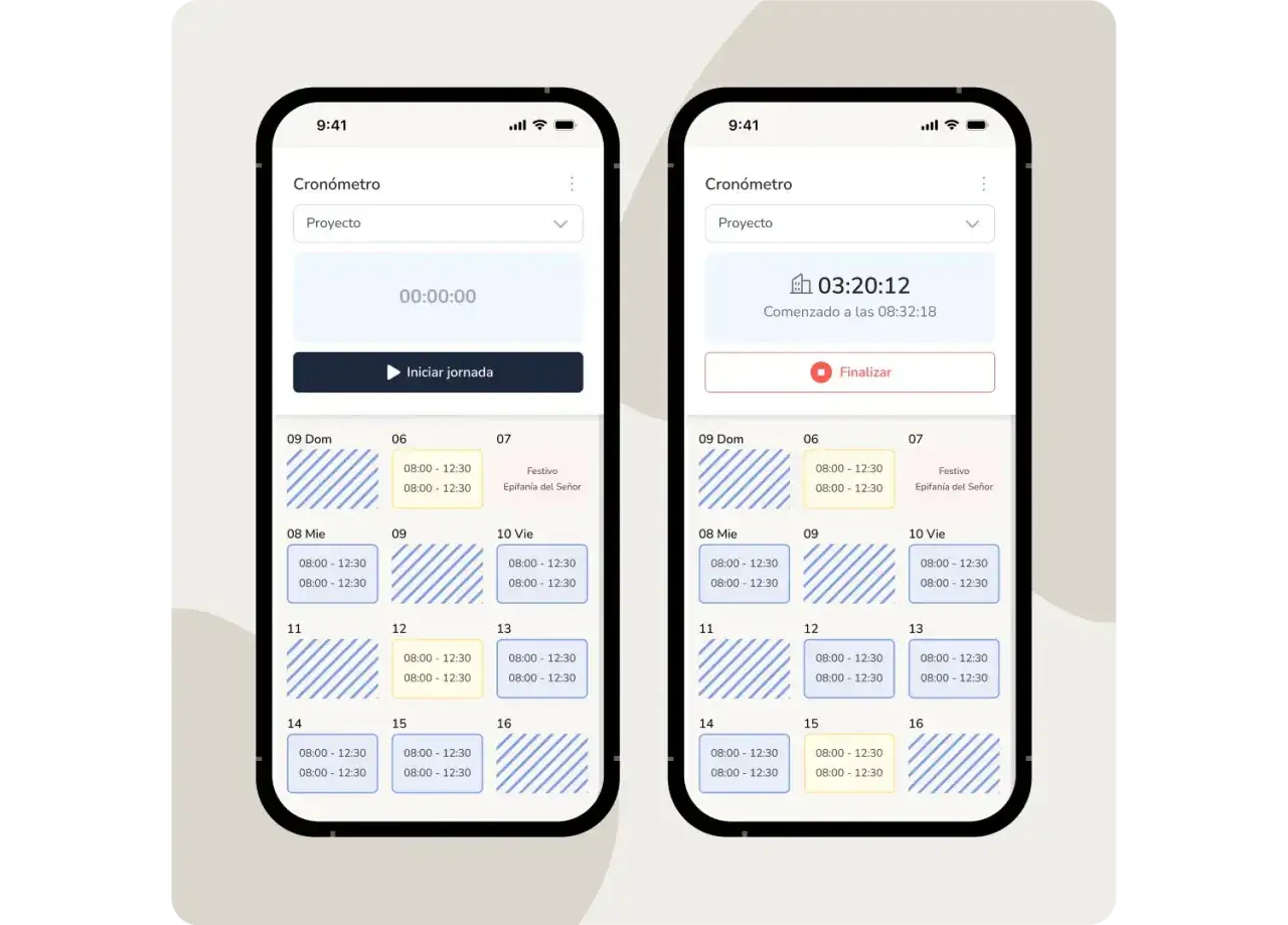 App m&oacute;vil para calcular horas trabajadas. Muestra un cron&oacute;metro y un calendario con horarios.