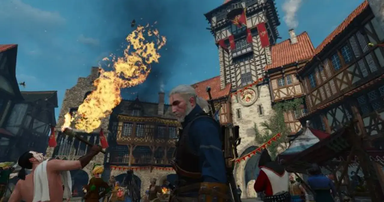 Geralt w Novigradzie, płonąca pochodnia i tłum. Chcesz wiedzieć, jak zainstalować wiedźmin 3 mody?