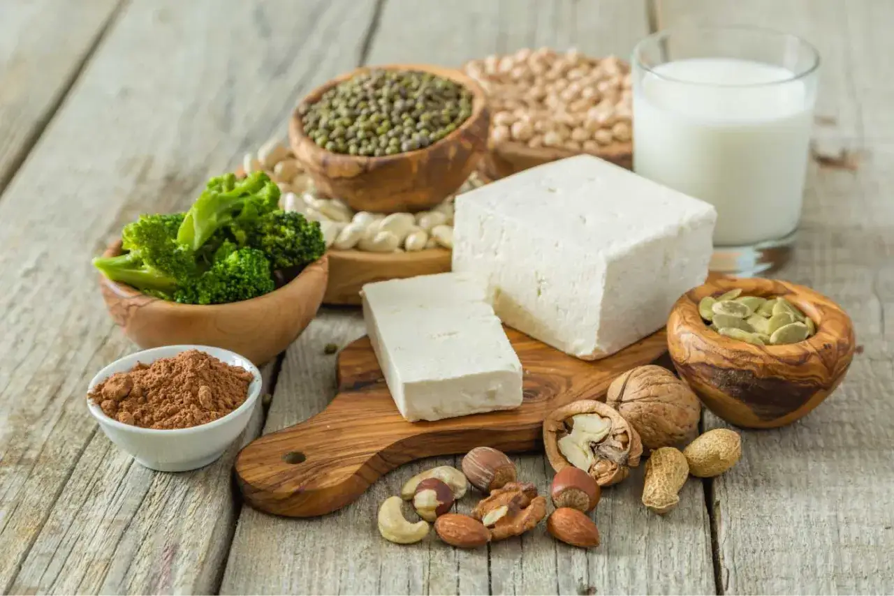 R&oacute;żnorodne produkty, kt&oacute;re zawierają białko roślinne: tofu, fasola, orzechy, nasiona, brokuły i kakao.