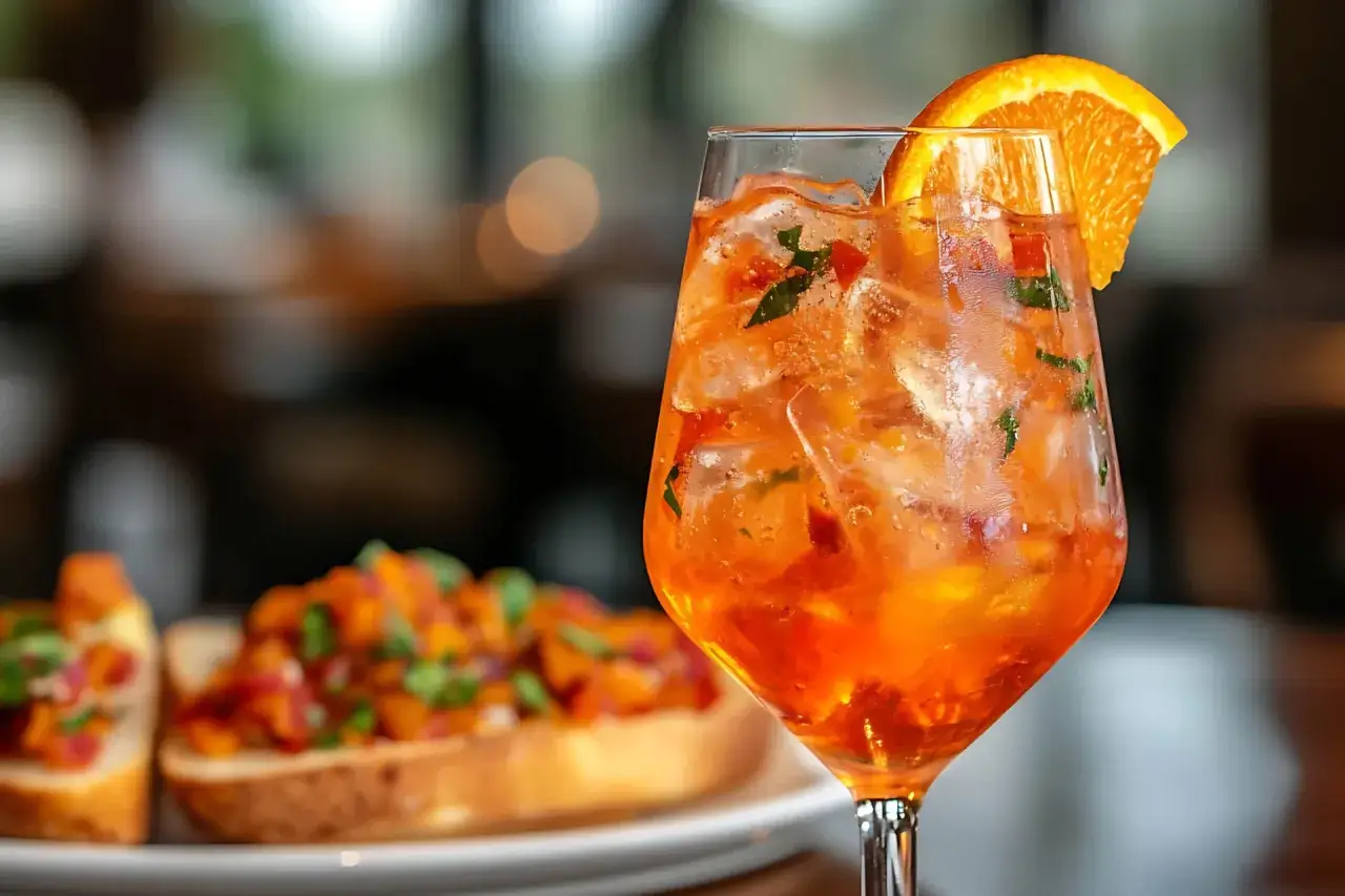 Orzeźwiający Aperol Spritz z plasterkiem pomarańczy i listkami mięty, idealny do bruschetty. Tak przygotujesz aperol!