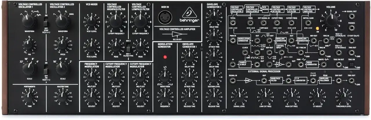 Behringer K2, syntezator analogowy z dwoma oscylatorami, filtrami, generatorami obwiedni i bogactwem złączy.