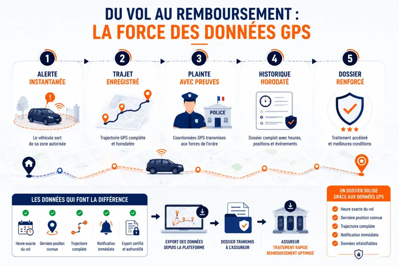Schéma illustrant le processus de remboursement après un vol de véhicule grâce aux données GPS : alerte, trajet enregistré, plainte, historique horodaté, dossier renforcé.