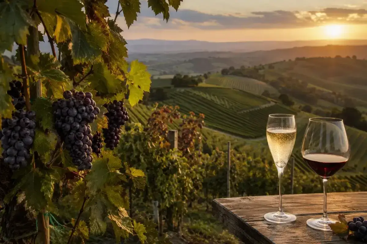 Grappoli di pinot nero maturi su un vigneto al tramonto, con due calici di vino che riflettono la luce dorata.