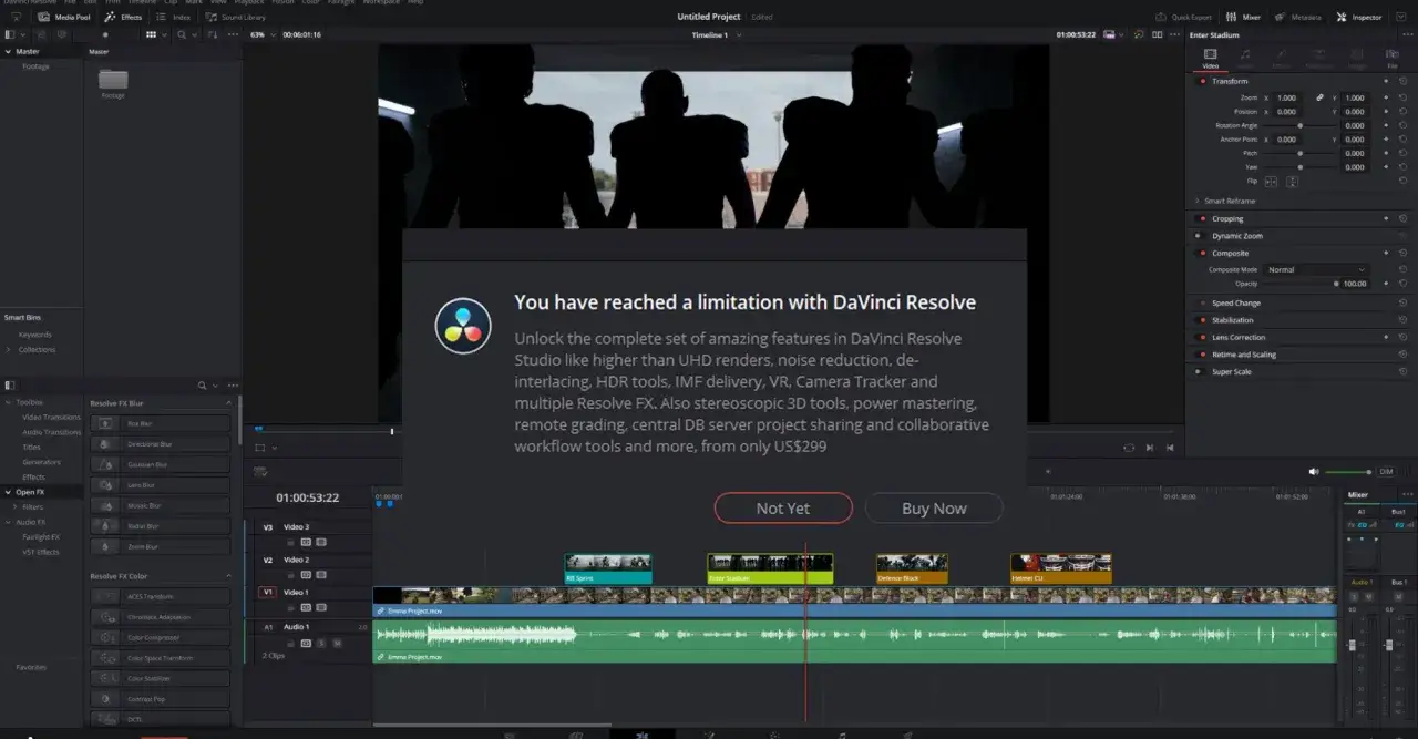 DaVinci Resolve free version limitation popup. Upgrade to DaVinci Resolve Studio for advanced features.