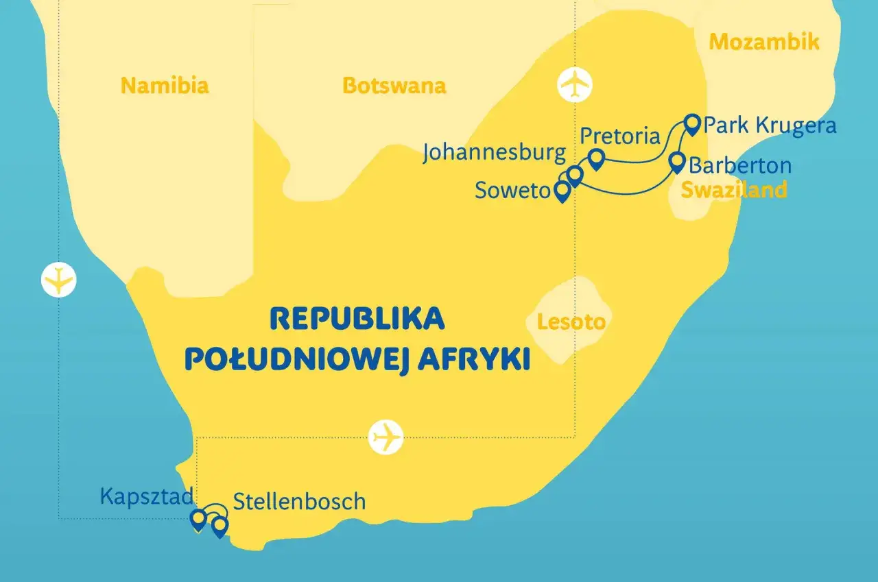 Mapa RPA z zaznaczonymi miastami: Kapsztad, Stellenbosch, Johannesburg, Soweto, Pretoria, Park Krugera. Kiedy najlepiej jechać do RPA?