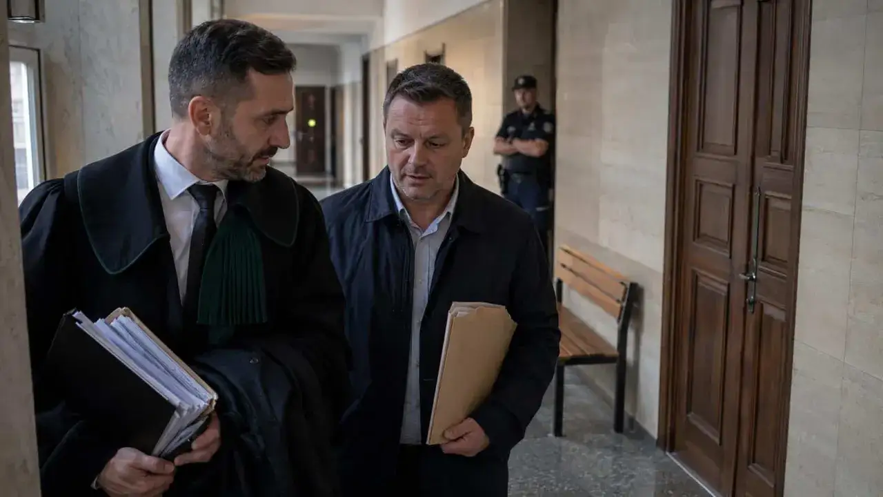 Adwokat w todze rozmawia z klientem, omawiając, ile bierze adwokat za reprezentowanie w sądzie. W tle stoi strażnik.