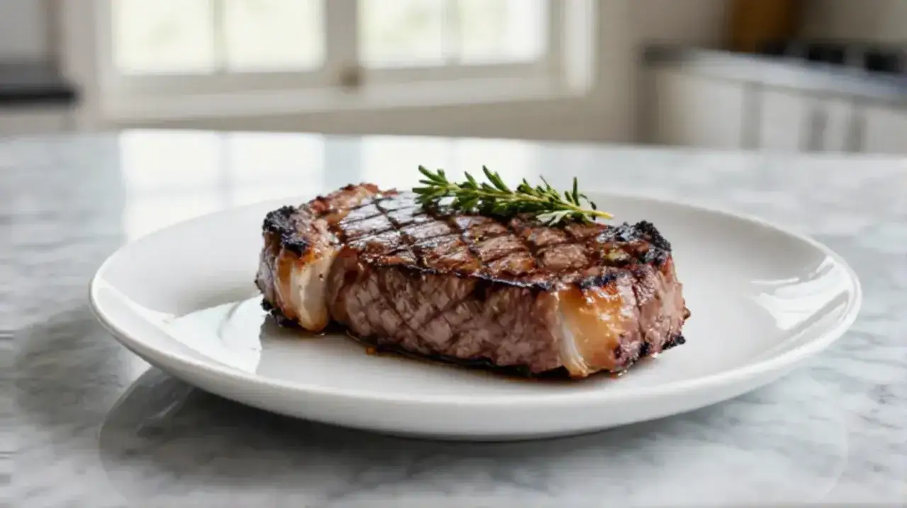 Un rumsteak grillé, parfaitement saisi, garni d'une branche de romarin. Une recette simple pour un plat savoureux.