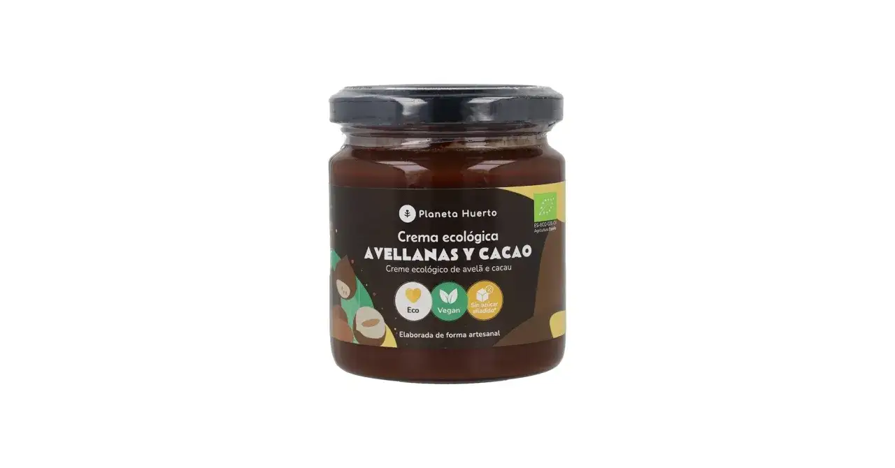 Tarro de crema ecológica de avellanas y cacao, una deliciosa nutella vegana sin azúcar añadido, elaborada artesanalmente.