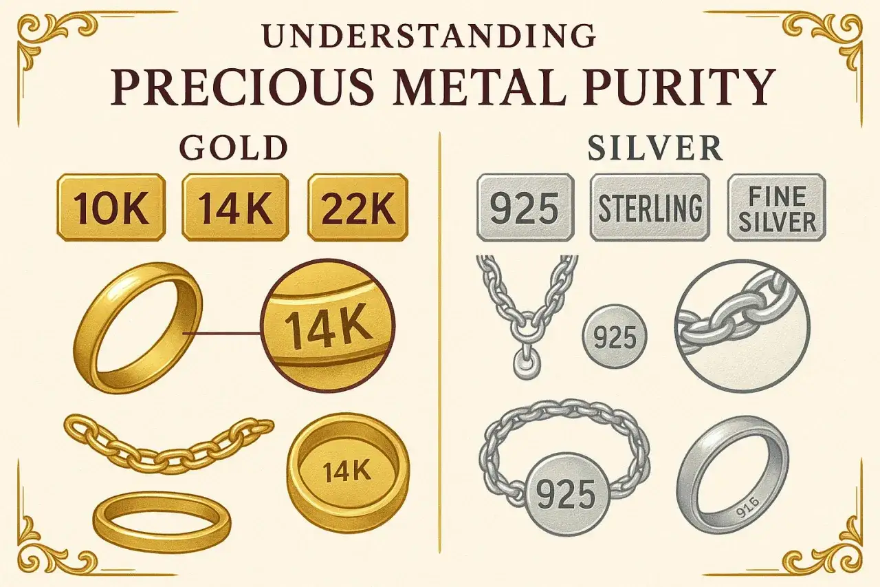 Gu&iacute;a visual para saber los kilates del oro: 10K, 14K, 22K, y pureza de plata 925, Sterling, Fine Silver.