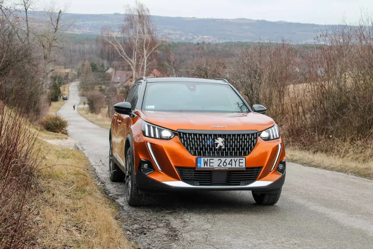 Pomarańczowy Peugeot 2008 na drodze, idealny do testów spalania w malowniczym krajobrazie.