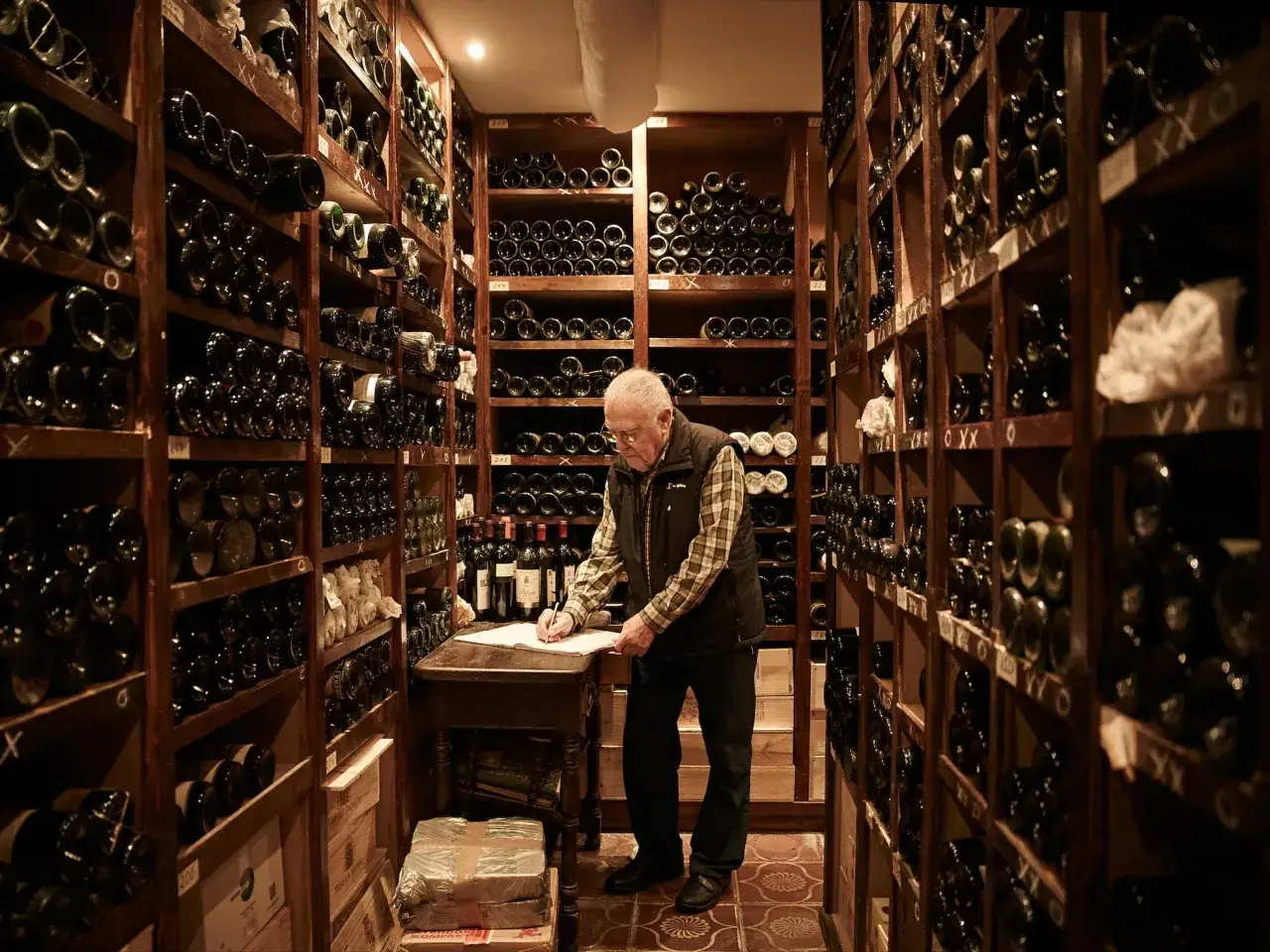 Un hombre mayor revisa inventario en una bodega repleta de botellas de vino, un tesoro de cava más caro.