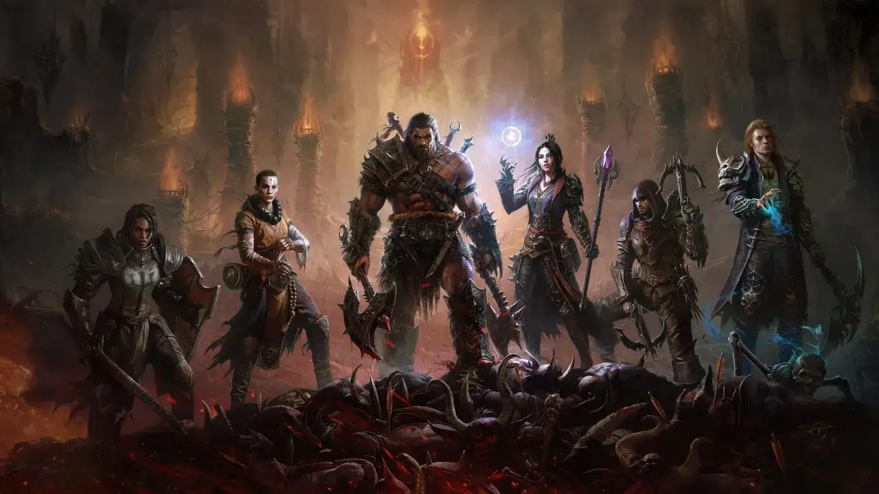 Siedem diablo immortal postaci, od rycerza po łucznika, stoi na stosie pokonanych wrogów w mrocznym lochu.