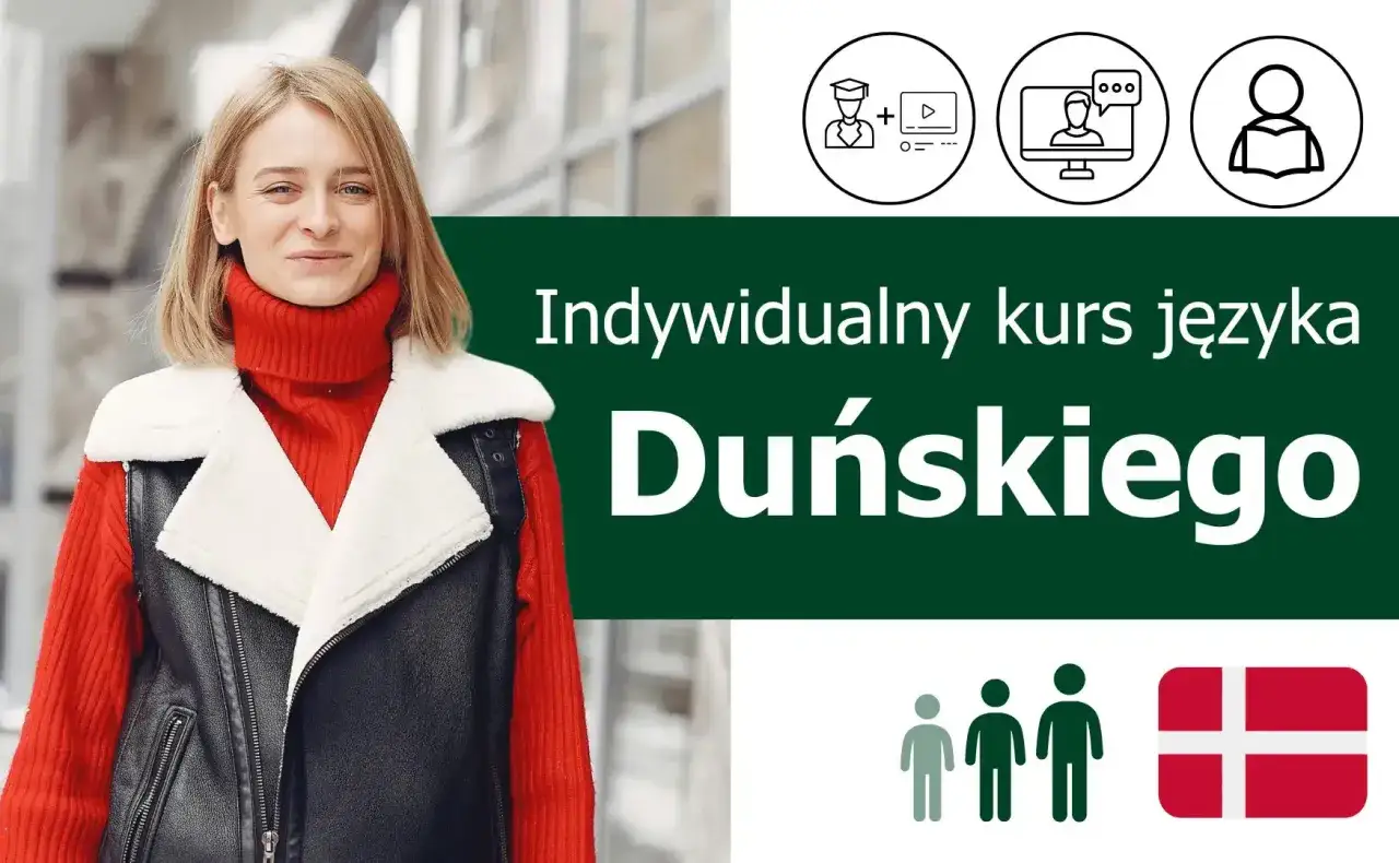 Kobieta w czerwonym golfie i kamizelce zaprasza na indywidualny kurs duńskiego. Ikony symbolizują naukę i postępy.