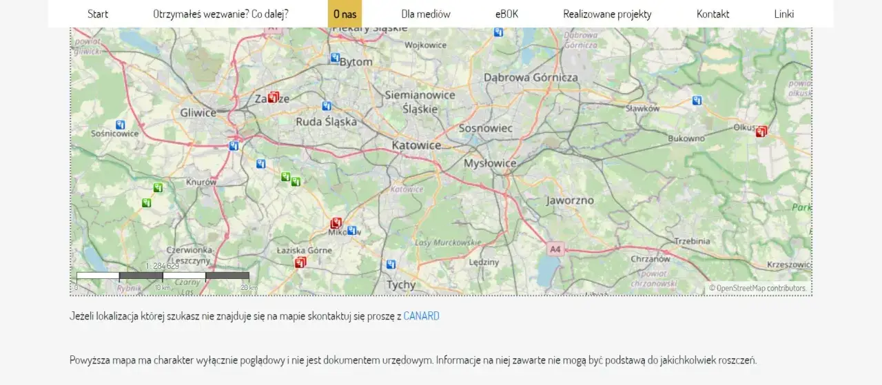 Mapa z zaznaczonymi lokalizacjami, w tym odcinkowy pomiar prędkości A4. Widoczne miasta: Gliwice, Katowice, Sosnowiec, Jaworzno.