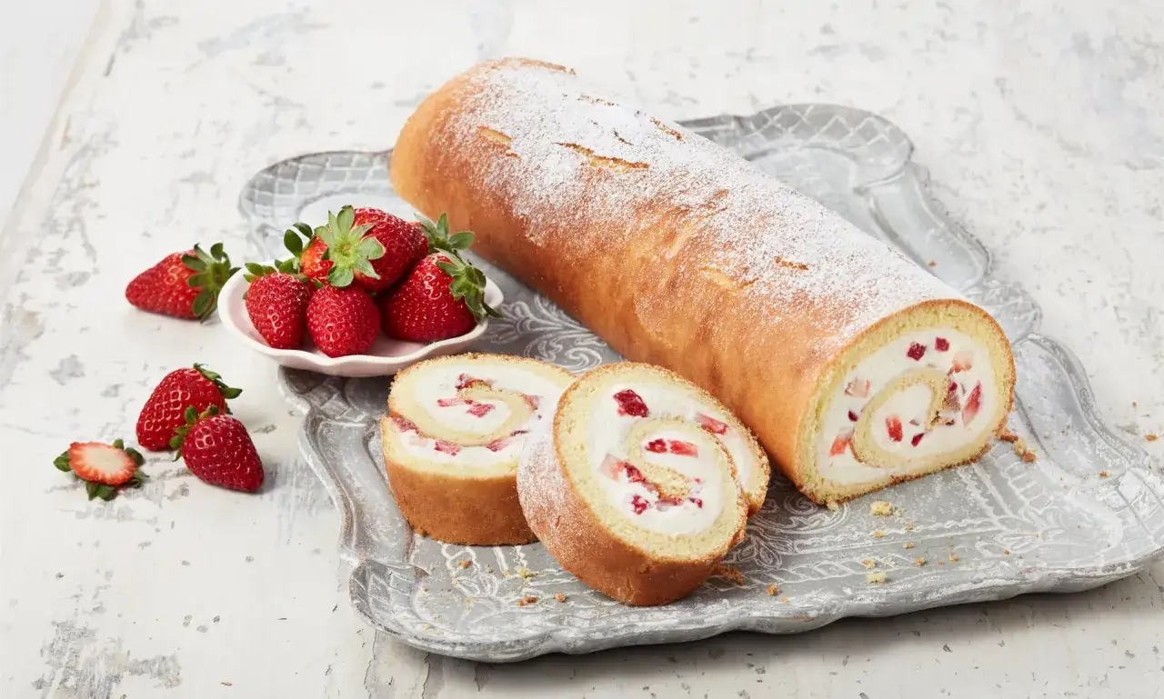 Eine saftige Biskuitrolle mit Erdbeerf&uuml;llung, best&auml;ubt mit Puderzucker. Frisch und lecker, wie von Landfrauen gebacken.