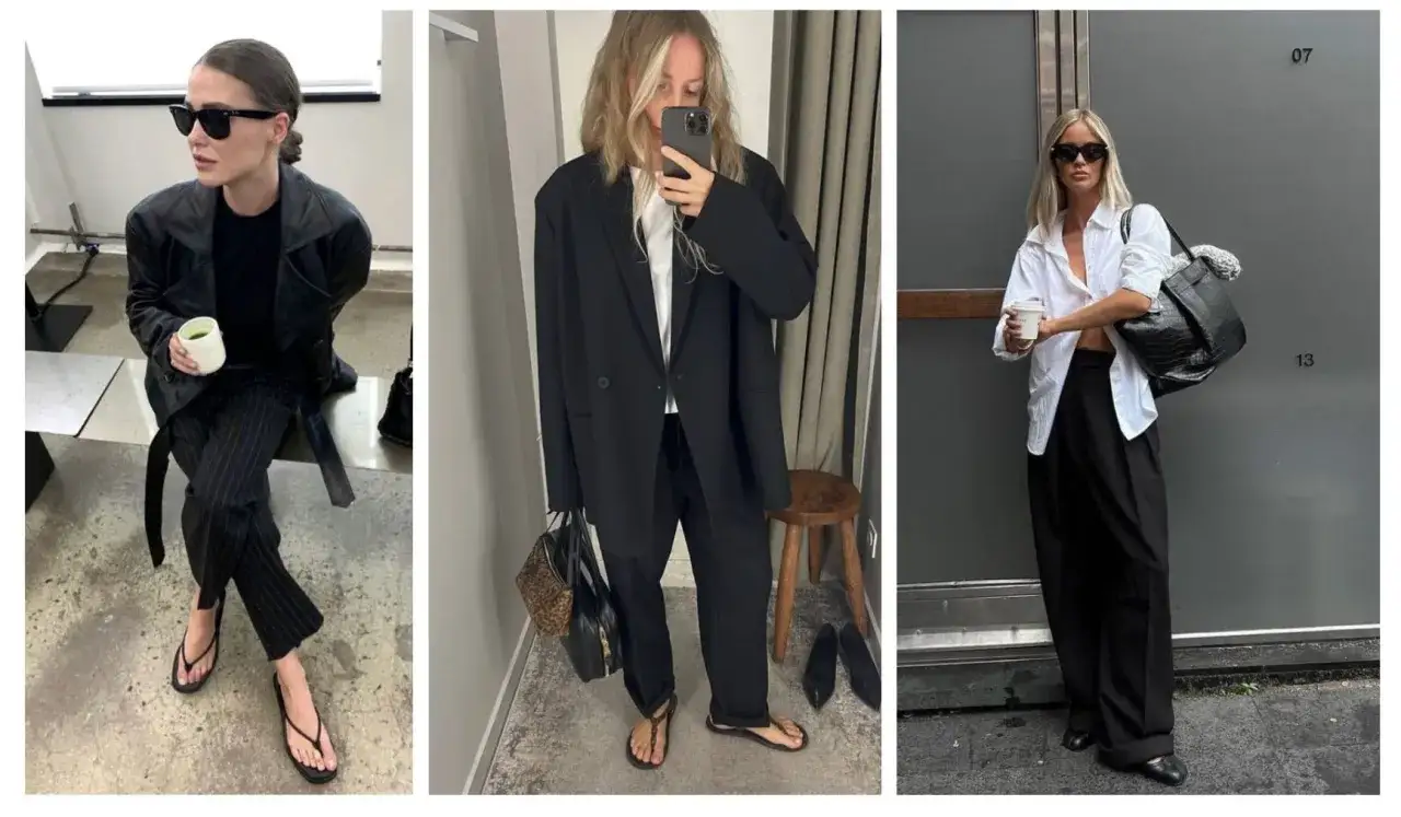 Three women showcase chic black and white outfits, possibly for a David Kibbe test, featuring tailored blazers, wide-leg pants, and stylish sandals.