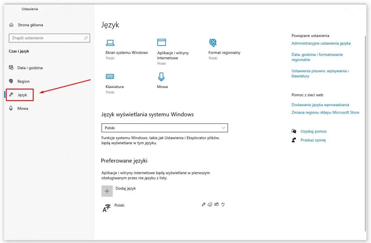Ustawienia systemu Windows 10: sekcja Język, gdzie można dokonać zmiany języka systemu, dodać preferowane języki i skonfigurować klawiaturę.