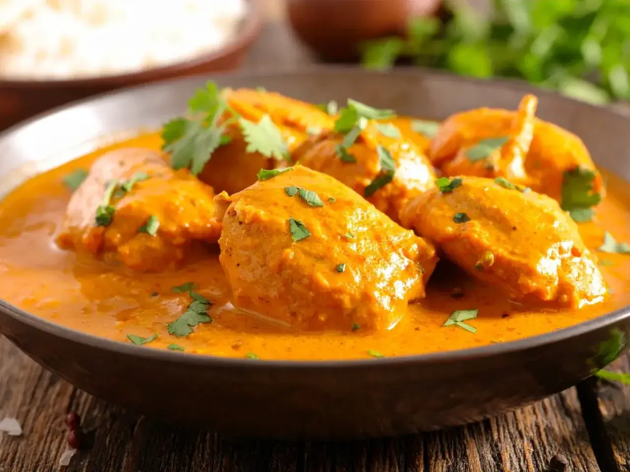 Pyszny kurczak w sosie z przyprawami garam masala, udekorowany świeżą kolendrą. Idealny do ryżu.